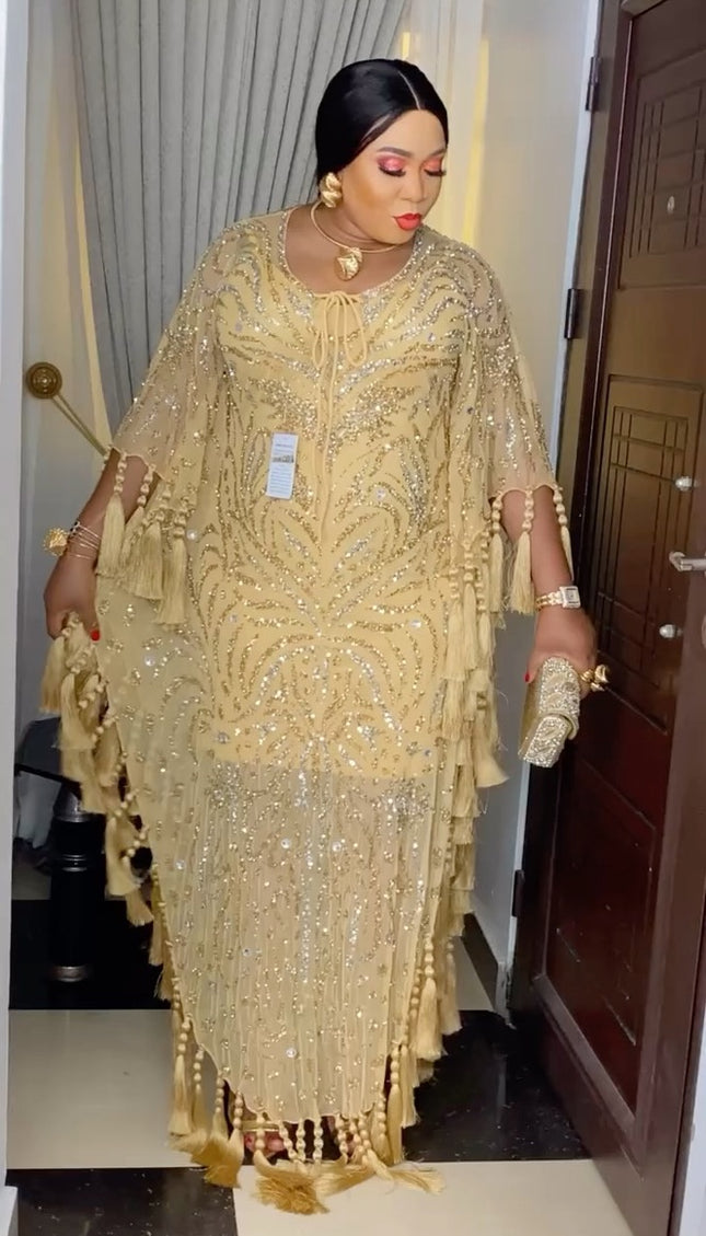 Tassel Embellished Beaded Kaftan Dress | Wedding Guest Birthday Party