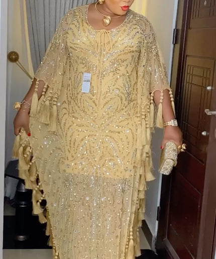 Yellow Beaded Kaftan Dress Embellished Tassels | Wedding Guest Dress Birthday Party Mother of The Bride Cocktail Celebrant