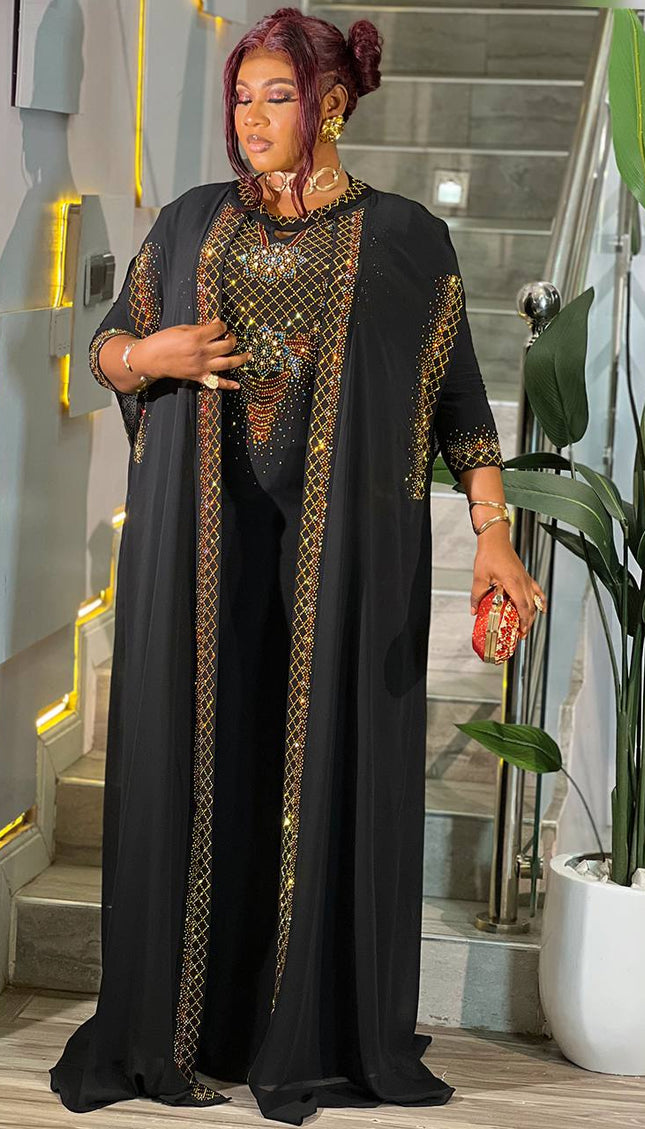Black Crystal-Embellished Kaftan Dress 2-Piece Set, African Wedding Guest Birthday Dinner Party Outfit