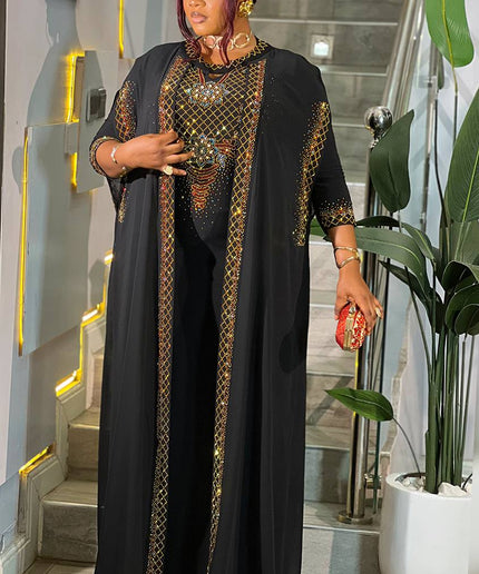 Elegant Crystal-Embellished Kaftan Dress 2-Piece Set, Wedding Guest Birthday Dinner All White Party Outfit