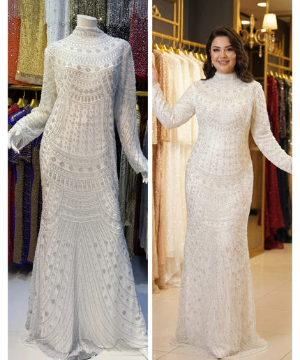 Orange Bead-Embellished Long Sleeve Mermaid Gown: Wedding Guest Attire Mother of the Bride Birthday Party Prom Dress