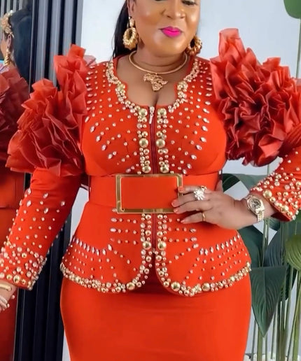 Orange Embellished Ruffle Sleeve Top & Skirt 2-Piece Set for Wedding Guest Birthday Party Celebrant Photoshoot