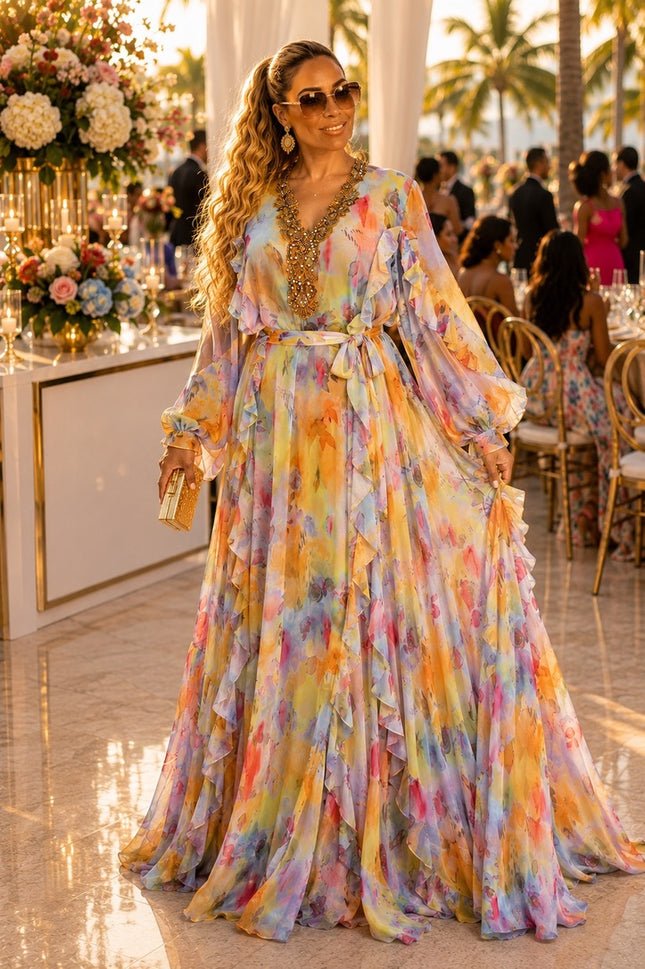 Glamorous Floral Embellished Ruffle Maxi Dress - Wedding Guest Mother of The Bride Birthday Cocktail Party Reception