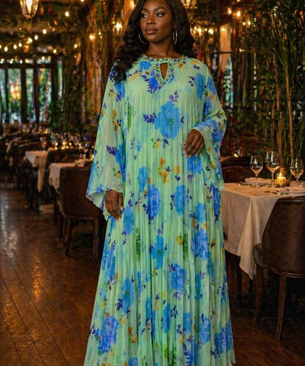 Orange Floral Embellished Neckline Pleated Twirl Skater Maxi Dress for Wedding Guest Mother of The Bride Birthday Photoshoot Cocktail Outfit