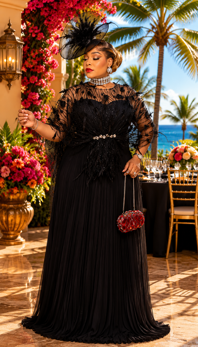 "The Showstopper" Gold Embellished Feathered Pleated Twirl A-Line Maxi Dress Floor-Length Formal Evening Gown for Mother of The Bride Wedding Guest Bridal Dinner Celebrant Birthday Party Engagement Ceremony Holiday Photoshoot