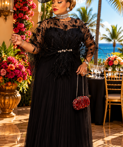 "The Showstopper" Gold Embellished Feathered Pleated Twirl A-Line Maxi Dress Floor-Length Formal Evening Gown for Mother of The Bride Wedding Guest Bridal Dinner Celebrant Birthday Party Engagement Ceremony Holiday Photoshoot