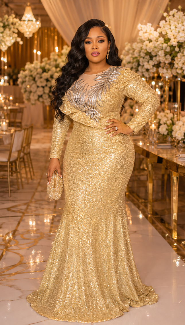 Plus Size Sparkly Gold Sequin Long Sleeve Mermaid Dress for Mother of The Bride Wedding Guest Birthday Party Dinner Cocktail