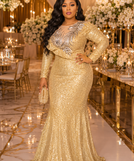 Plus Size Sparkly Gold Sequin Long Sleeve Mermaid Dress for Mother of The Bride Wedding Guest Birthday Party Dinner Cocktail