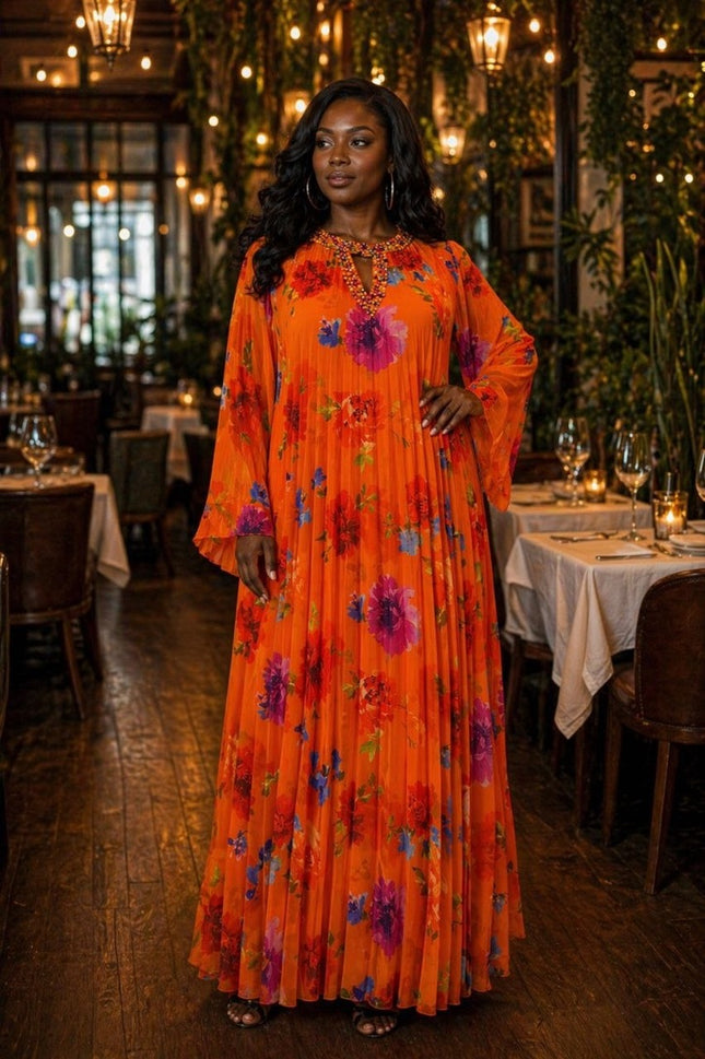 Orange Floral Embellished Neckline Pleated Twirl Skater Maxi Dress for Wedding Guest Mother of The Bride Birthday Photoshoot Cocktail Outfit