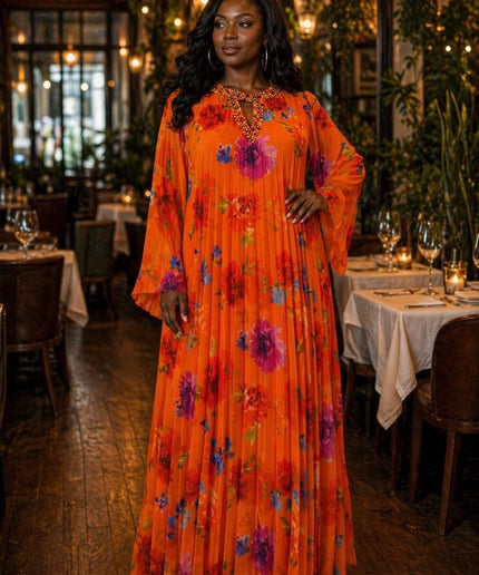 Orange Floral Embellished Neckline Pleated Twirl Skater Maxi Dress for Wedding Guest Mother of The Bride Birthday Photoshoot Cocktail Outfit