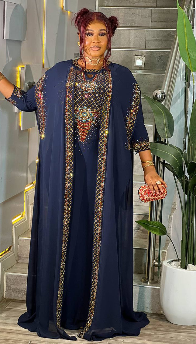 Elegant Crystal-Embellished Kaftan Dress 2-Piece Set, Wedding Guest Birthday Dinner All White Party Outfit