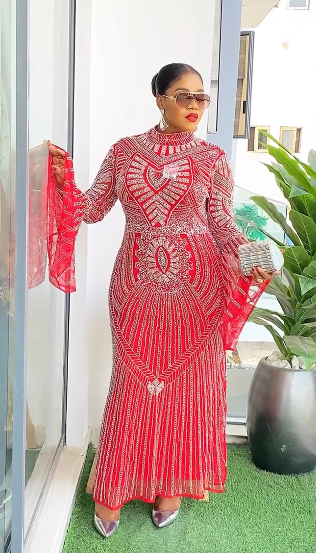 Bell Sleeve Beaded Embellished Maxi Dress