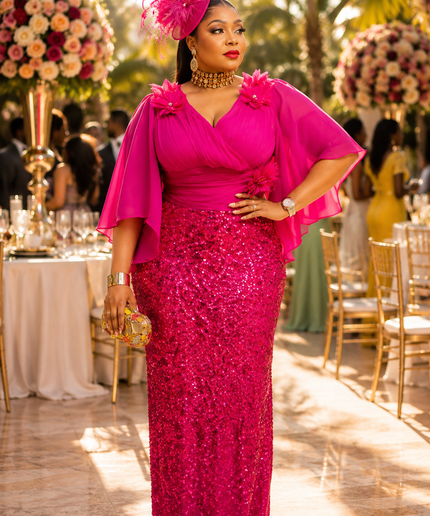 "Golden Hour Glam" Sequin Flare Sleeve Floral Maxi Dress for Mother of The Groom Bridal Photoshoot Formal Evening Gown Special Occasion Plus Size