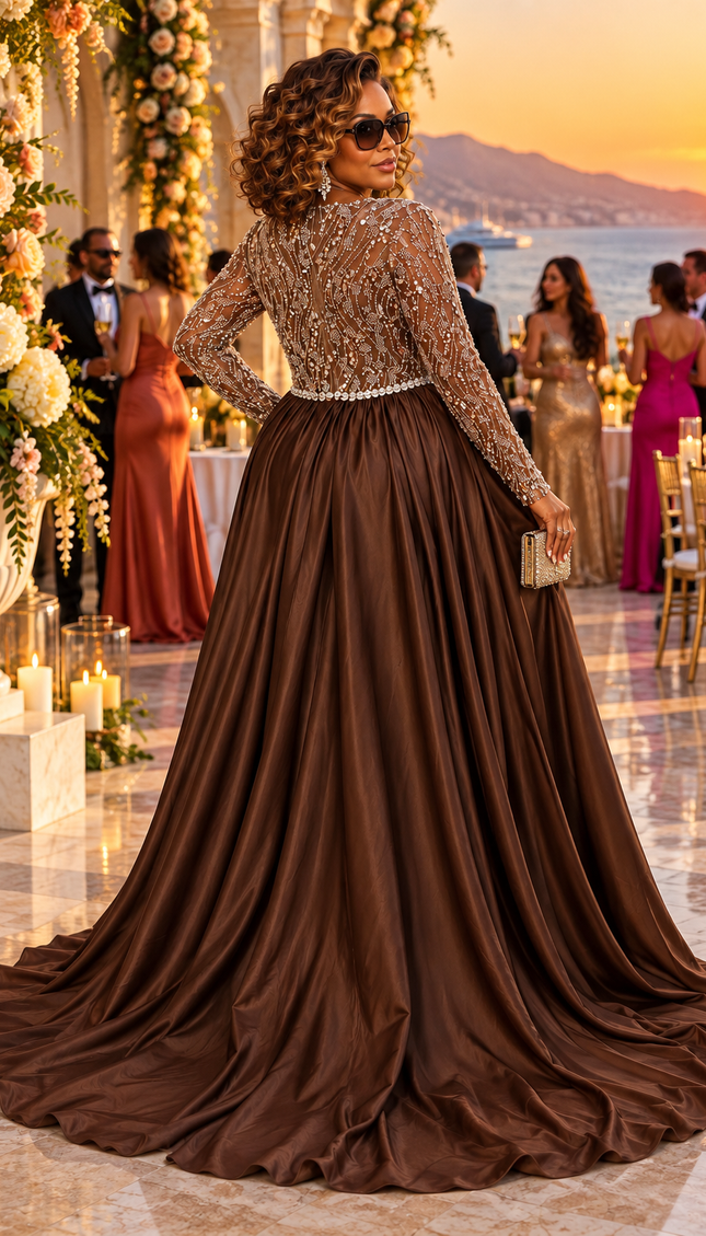 "Watch Me Walk In" Brown Sequin Beaded Draped Maxi Dress Wedding Guest Mother of The Bride Cocktail Reception Celebrant Birthday Party Formal Evening Gown Plus Size