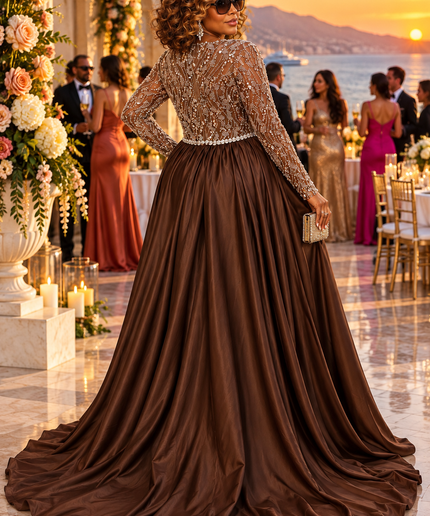 "Watch Me Walk In" Beige Sequin Beaded Draped Maxi Dress Wedding Guest Mother of The Bride Cocktail Reception Celebrant Birthday Party Formal Evening Gown Plus Size