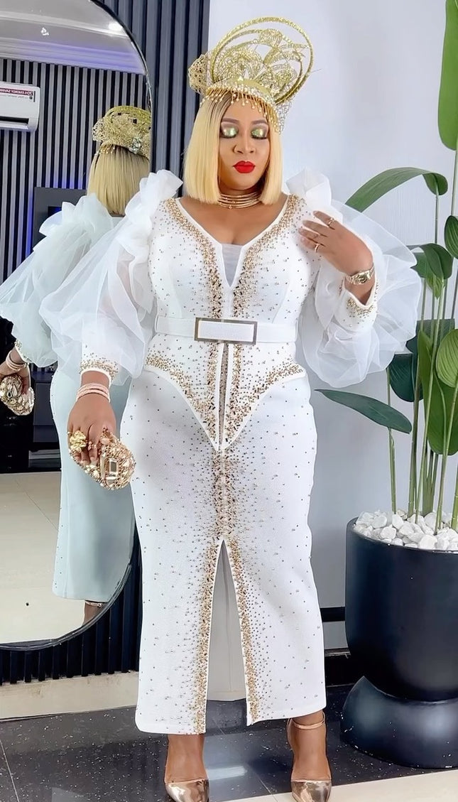 White Dramatic Sleeve Embellished Maxi Dress