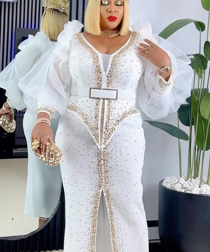 White Dramatic Sleeve Embellished Maxi Dress