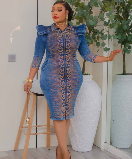 Sparkly Rhinestone-Embellished Blue Denim Dress - Date Night Birthday Party Dinner Photoshoot Ladies Going Out