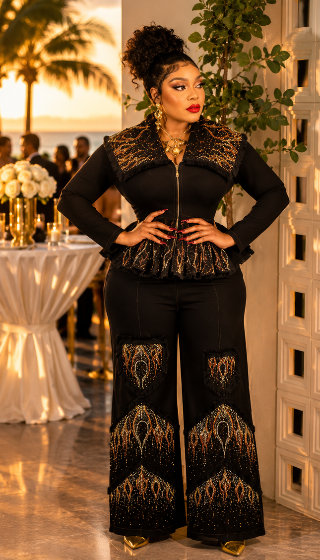 Black Denim & Diamonds 2-Piece Party Outfit, Cotton Rhinestone Bling Curvy Plus Size Peplum Stretch Jeans Peplum Top & Wide-Leg Pants Set, Birthday Photoshoot Weekend Get-Together Cocktail Dinner