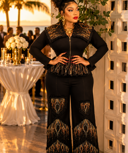 Black Denim & Diamonds 2-Piece Party Outfit, Cotton Rhinestone Bling Curvy Plus Size Stretch Jeans Peplum Top & Wide-Leg Pants Set, Birthday Photoshoot Weekend Get-Together Cocktail Dinner