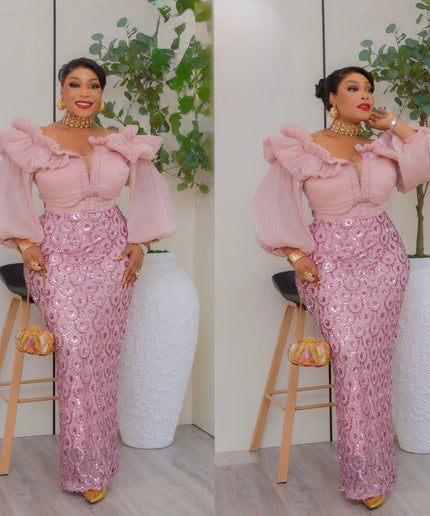 Off-The-Shoulder Sequin Bishop Sleeve Party Dress: Wedding Birthday Cocktail Gala
