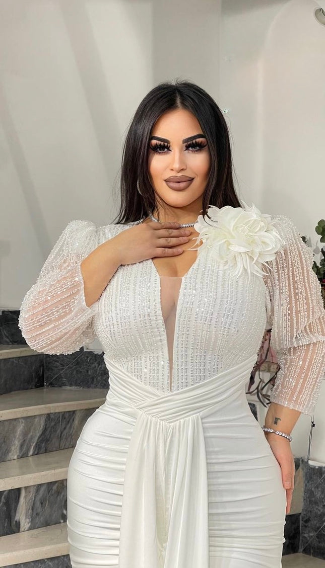 White Embellished Ruched Draped Maxi Dress for Engagement Ceremony Wedding Guest Anniversary Dinner Cocktail Photoshoot