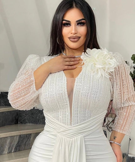 White Embellished Ruched Draped Maxi Dress for Engagement Ceremony Wedding Guest Anniversary Dinner Cocktail Photoshoot