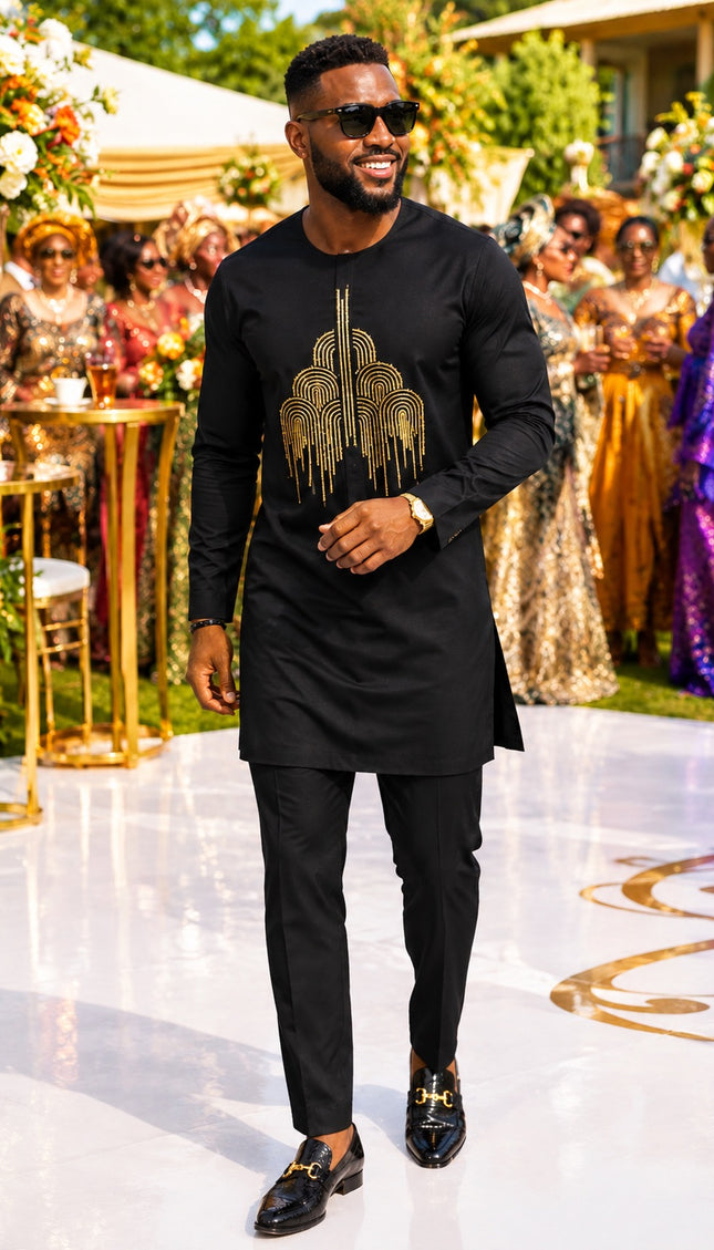 Luxury Men's African Wedding Guest Attire Black Embroidered Cotton Shirt & Pants 2-Piece Outfit for Groom Groomsmen Aso Ebi Father of The Bride Engagement Party Naming Ceremony Graduation Church Birthday Dinner Dashiki Buba & Sokoto