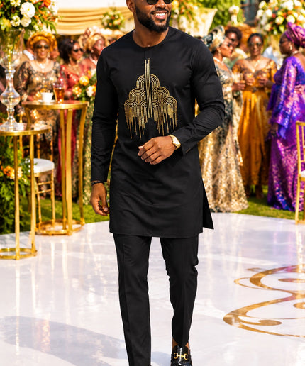 Luxury Men's African Wedding Guest Attire Black Embroidered Cotton Shirt & Pants 2-Piece Outfit for Groom Groomsmen Aso Ebi Father of The Bride Engagement Party Naming Ceremony Graduation Church Birthday Dinner Dashiki Buba & Sokoto