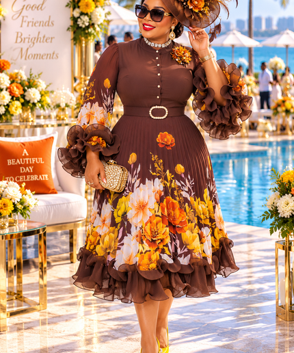 Brown Sculptural Ruffle Pleated Twirl Midi Dress for Fall Wedding Guest Tea Party Birthday Cocktail Reception Church Outfit Plus Size