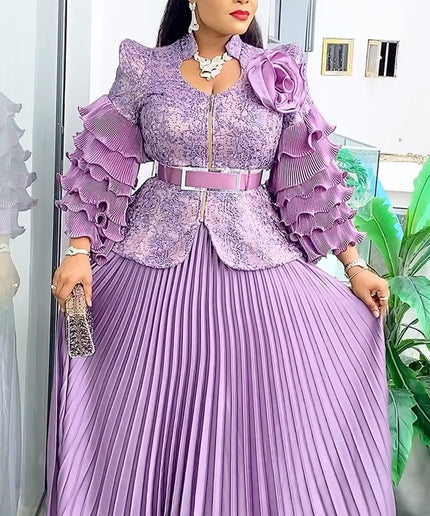 Ruffle Sleeve Pleated A-Line Gown | Mother of The Bride Wedding Guest Birthday Party