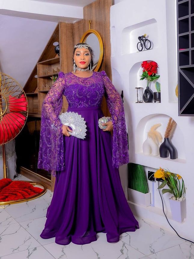 Plus Size Purple Sequin Mother of The Bride A-Line Gown | Embellished Wedding Guest Dress Birthday Party Graduation Photoshoot Anniversary Celebration