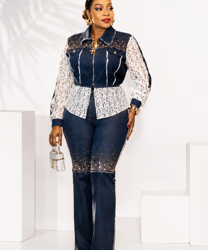 Luxury Gold Rhinestone Embellished Denim, Diamonds & Lace 2-Piece Set, Birthday Dinner Photoshoot Weekend Get-Together Party Top & Pants Outfit Women's Plus Size Stretch Jeans