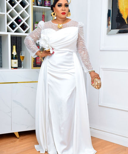 Sequin 3D Flower Overskirt White Evening Gown | Party Wedding Guest Gala Pageant Mother of The Groom