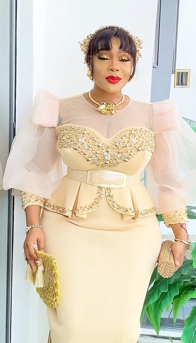 Ruffle Sleeve Embellished Peplum Maxi Dress