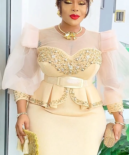 Ruffle Sleeve Embellished Peplum White Maxi Dress