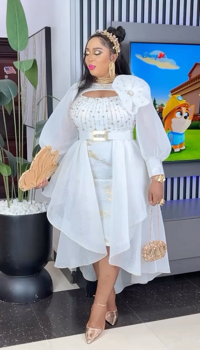 White Embellished Overskirt Party Dress Tea Length | Birthday Party Dinner Wedding Guest Cocktail