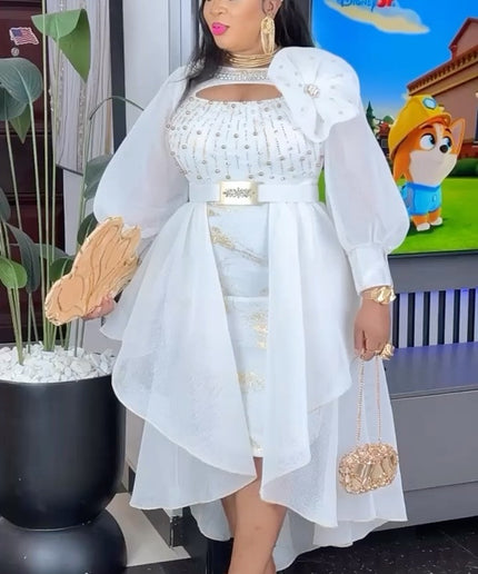 White Embellished Overskirt Party Dress Tea Length | Birthday Party Dinner Wedding Guest Cocktail
