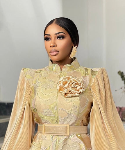 Gold Brocade Peplum Bishop Sleeve Top + Pleated A-Line Skirt, Mother of The Bride Attire  Wedding Guest Bridal Photoshoot Birthday Party