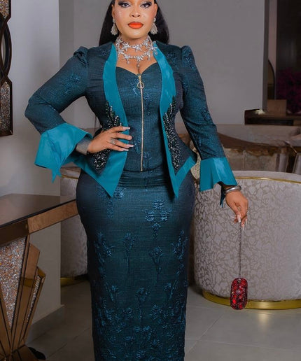 Eye-Catching Yellow Brocade Embellished Skirt Set Split Bell Sleeve Suit for Mother of The Bride Wedding Birthday Party Outfit