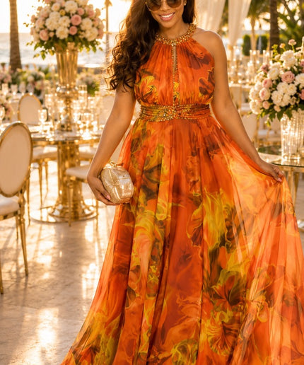 "Center of Attention" Orange Beaded Ruched Halter A-Line Sundress Wedding Guest Birthday Dinner Cocktail Party Reception