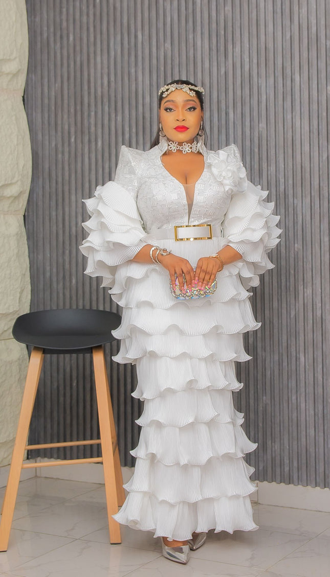 White Waterfall Ruffles Wedding Guest Dress Maxi Embroidered Rosette Plus Size Mother of The Bride Evening Wear Cocktail Birthday Party