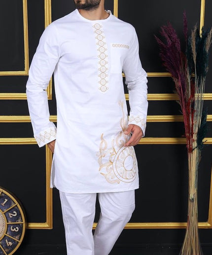 African Men's Traditional Wedding Attire, Black Embroidered Shirt & Pants Cotton 2-Piece Set, Groom Groomsmen Outfit Graduation Birthday Party