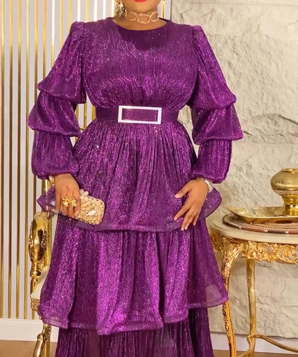 Waterfall Ruffle Bishop Sleeves Maxi Dress,  Mother of The Bride A-Line Gold Gown, Plus Size Evening Wear Gala Cocktail Party