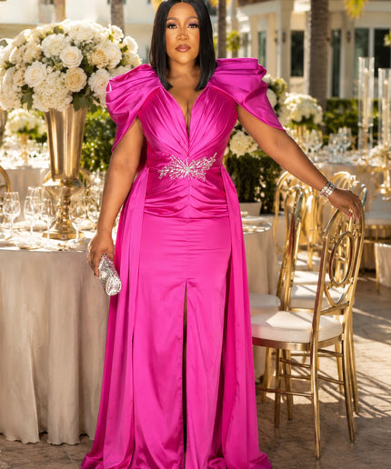 Dramatic Pink Puff Sleeves Embellished Overskirt Evening Gown for Wedding Guest Bridal Photoshoot Mother of The Bride Birthday Party