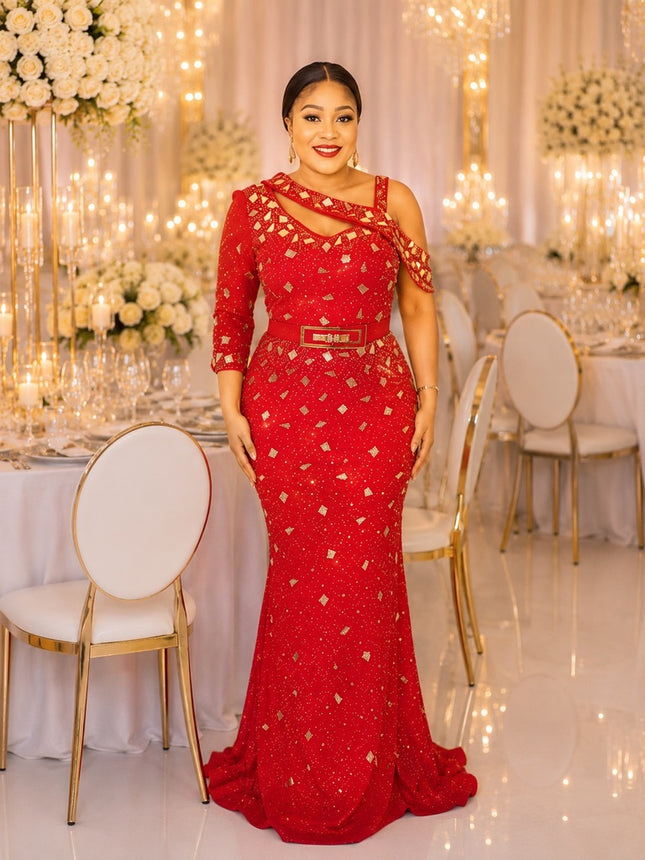 Spicy Red One-Shoulder Embellished Mermaid Dress for Wedding Guest Cocktail Birthday Party Mother of The Groom Formal Evening Gown