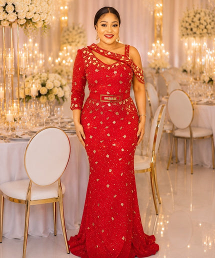 Spicy Red One-Shoulder Embellished Mermaid Dress for Wedding Guest Cocktail Birthday Party Mother of The Groom Formal Evening Gown
