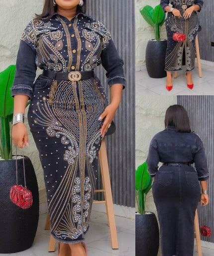 Denim on Denim Embellished Shirt and Skirt Party Outfit, Matching 2 Piece Set, Cotton Stretch Jeans Hot Gyal Curvy Fashion Birthday Ladies Night Date Dance Concert Casual Wear