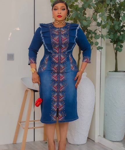Sparkly Rhinestone-Embellished Blue Denim Dress - Date Night Birthday Party Dinner Photoshoot Ladies Going Out