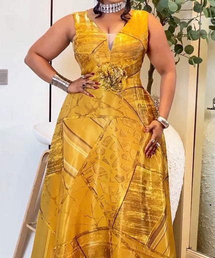 Fabulous Gold V-Neck Sleeveless Skater Maxi Dress for Summer Wedding Guest Mother of The Bride Gala Birthday Party Outfit